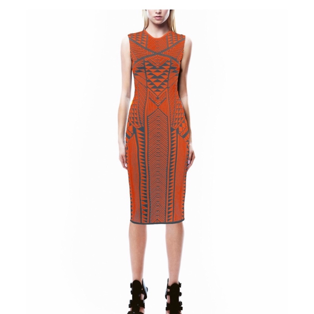 RVN “Chewa flat jacquard” orange and gray midi bodycon dress